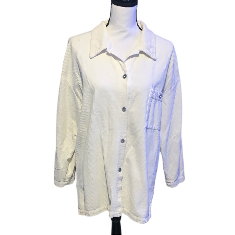 Mac Collection Cream Corduroy Button-Up Shirt Shacket Pocket Collared Slits